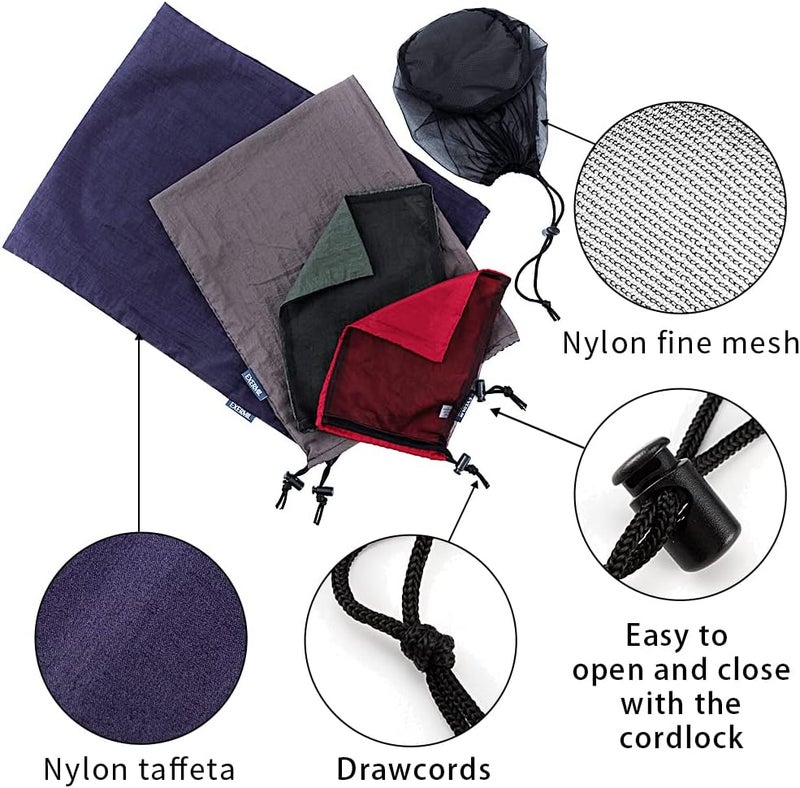 EXERMIL Nylon Stuff Sack Set 5-Piece (1.4L/2.7L/3L/7.5L/15L); Drawstring Storage Sack; Mesh Bags; Ditty Bags Small M Large XL for Organization Travel Camping Backpacking Down Jacket; Assorted Colors - Image 4